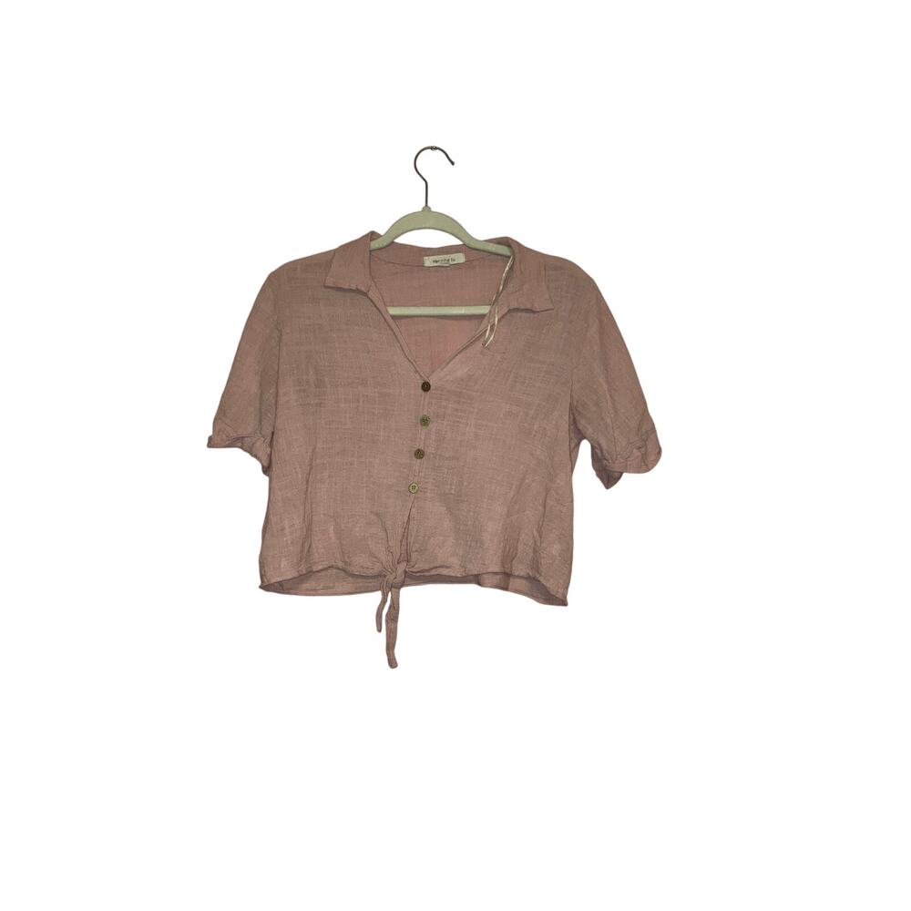 Herinbe tu Dusty Pink Cotton Button Front Tie Waist Cropped Top Size Small